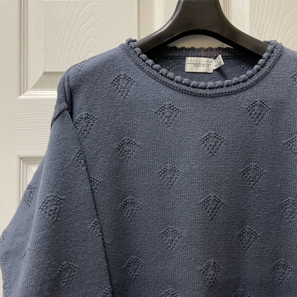 VTG Van Heusen Women's Medium Intarsia Navy Sweater 90's Y2K Classic Scalloped